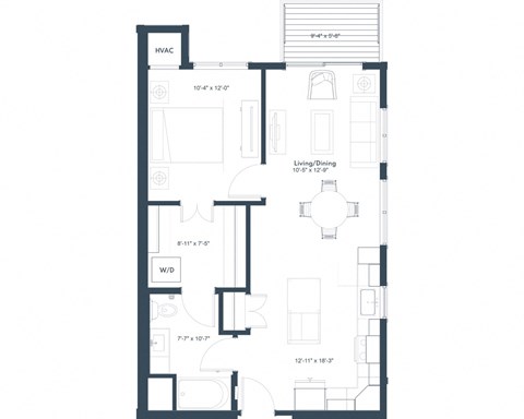Floor plan for 1 bed, 1 bath, 732 sqft